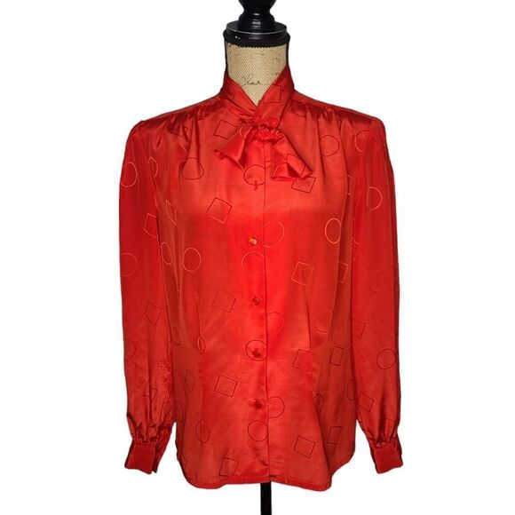 Vintage Tops - Vintage 80s Monochromatic Geometric Red Long Sleeve Blouse